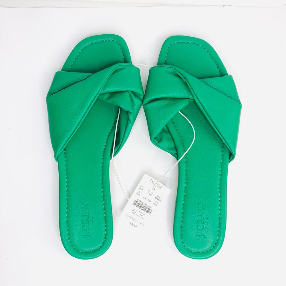 J Crew Womens Twisted Strap Comfy Slip On Slide Flat Sandals 10M Kelly Green NWT